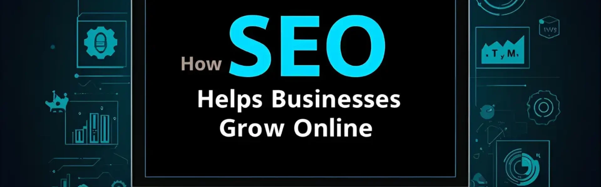 computer monitor with rising chart and magnifying glass labeled “SEO” — black background with blue accents.